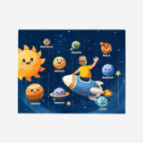 puzzle ze zdjęciem Kosmos z dzieckiem w rakiecie i planetami