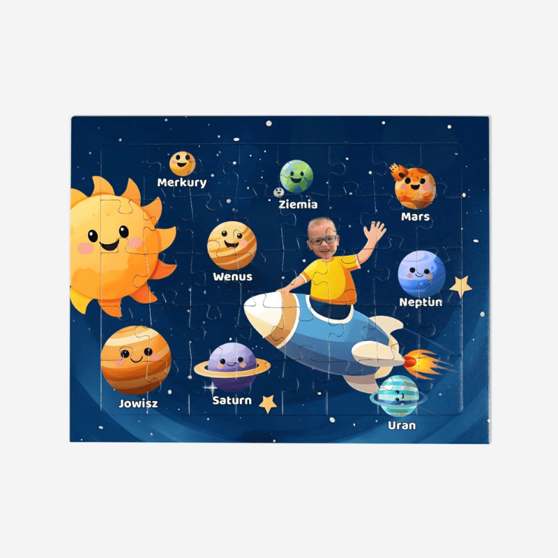 puzzle ze zdjęciem Kosmos z dzieckiem w rakiecie i planetami