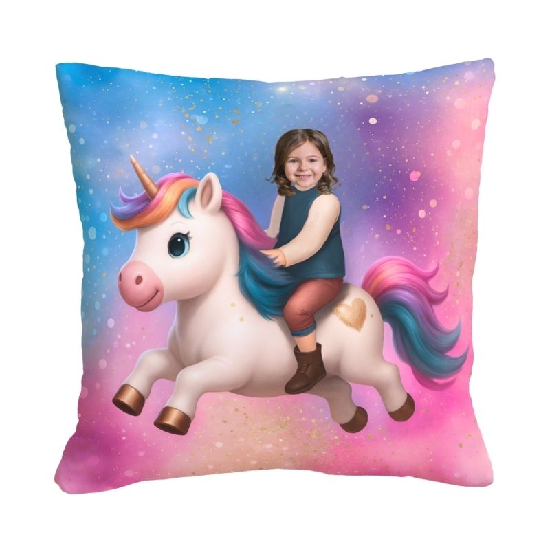 personalizowana poduszka jednorożec - personalizowana poduszka z uśmiechniętym dzieckiem siedzącym na bajkowym jednorożcu z tęczową grzywą na tle pastelowego nieba