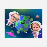 Grafika na puzzle kosmos - Ziemia i dwójka dzieci w strojach astronautów