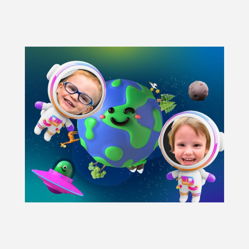 Grafika na puzzle kosmos - Ziemia i dwójka dzieci w strojach astronautów