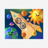 Grafika puzzli układ słoneczny i dziecko w rakiecie