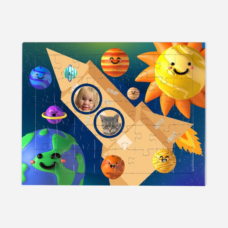 Puzzle personalizowane 40 elementów układ słoneczny i dziecko w rakiecie