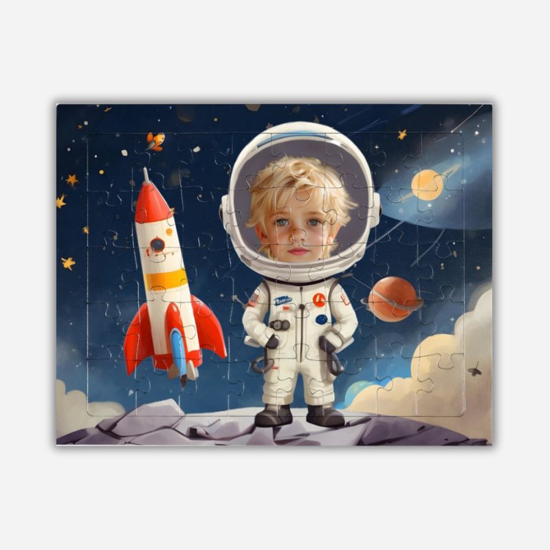 Puzzle astronauta – personalizowany prezent dla dziecka z unikalnym zdjęciem w roli astronauty na tle kosmicznej scenerii.