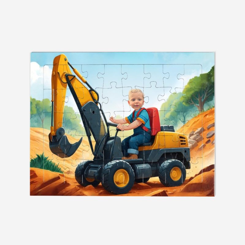 Puzzle koparka – personalizowana układanka z dzieckiem na tle żółtej koparki. Wyjątkowy prezent dla małego fana maszyn budowlanych.