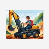 Puzzle koparka – personalizowana układanka z dzieckiem na tle żółtej koparki. Wyjątkowy prezent dla małego fana maszyn budowlanych.