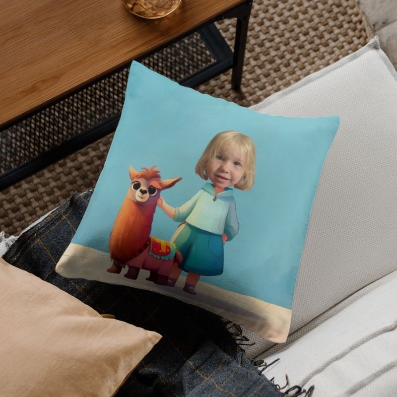Personalizowana Poduszka z bajkową grafiką i zdjeciem dziecka lamą. Poduszka na kanapie