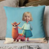 Poduszka personalizowana ze zdjęciem dziecka z lamą. Poduszka na łóżku