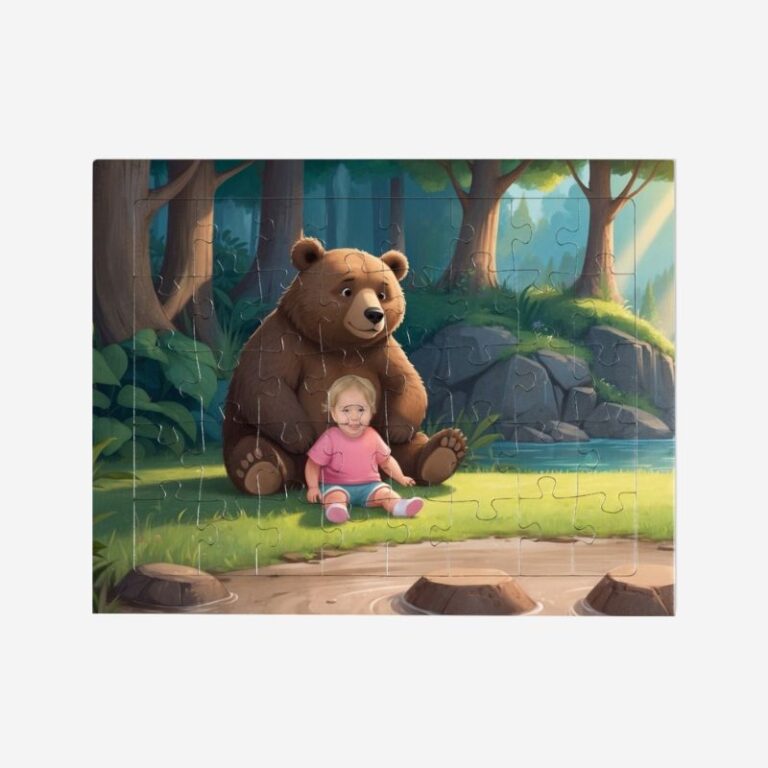 Puzzle Misiu dla dziewczynek – personalizowany prezent ze zdjęciem dziecka na tle leśnej scenerii z uroczym misiem.