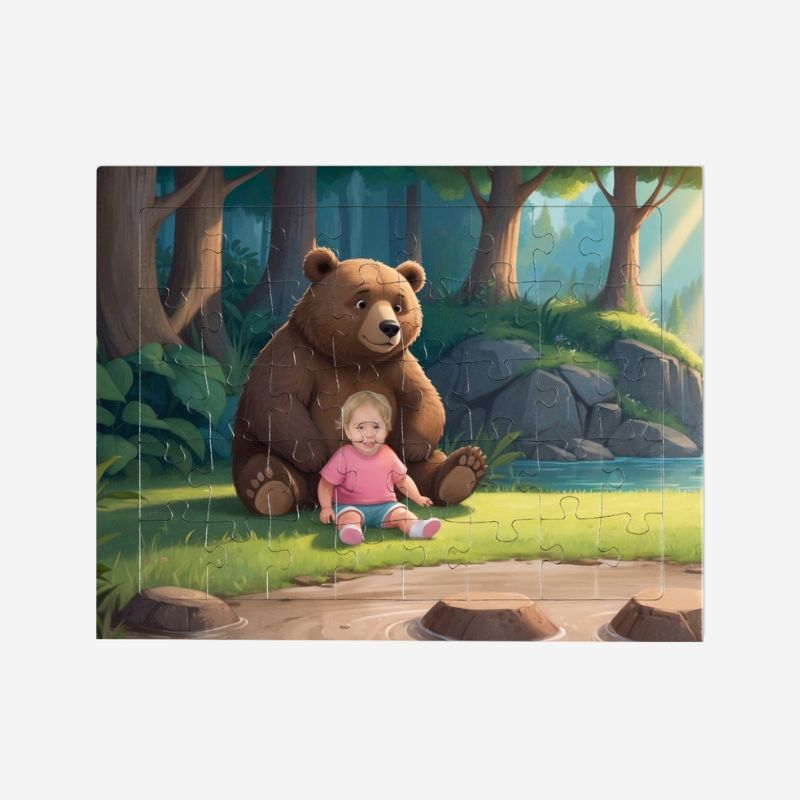 Puzzle Misiu dla dziewczynek – personalizowany prezent ze zdjęciem dziecka na tle leśnej scenerii z uroczym misiem.
