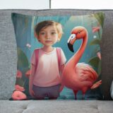 Flaming poduszka ze zdjęciem. Personalizowana poduszka z flamingiem i zdjęciem dziecka, kolorowa tropikalna scena, miękka mikrofibra – idealny prezent dla miłośników egzotycznych ptaków