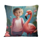 Flaming poduszka ze zdjęciem. Personalizowana poduszka z flamingiem i zdjęciem dziecka, kolorowa tropikalna scena, miękka mikrofibra – idealny prezent dla miłośników egzotycznych ptaków