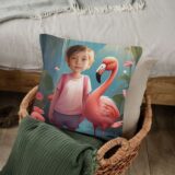 Flaming poduszka ze zdjęciem. Personalizowana poduszka z flamingiem i zdjęciem dziecka, kolorowa tropikalna scena, miękka mikrofibra – idealny prezent dla miłośników egzotycznych ptaków