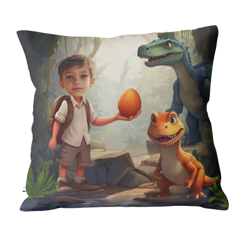 Poduszka ze zdjęciem jajko dinozaura – dziecko trzymające jajko w scenerii z dinozaurami.