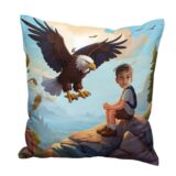 Personalizowana poduszka z orłem i zdjęciem dziecka siedzącego na skałach, miękka mikroflibra, prezent dla małego miłośnika ptaków. Poduszka orzeł ze zdjęciem