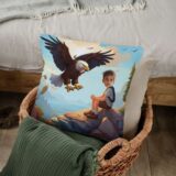 Personalizowana poduszka z orłem i zdjęciem dziecka siedzącego na skałach, miękka mikroflibra, prezent dla małego miłośnika ptaków. Poduszka orzeł ze zdjęciem
