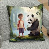Personalizowana poduszka z pandą i zdjęciem dziecka w bambusowym lesie, miękka mikroflibra, prezent dla małego miłośnika zwierząt