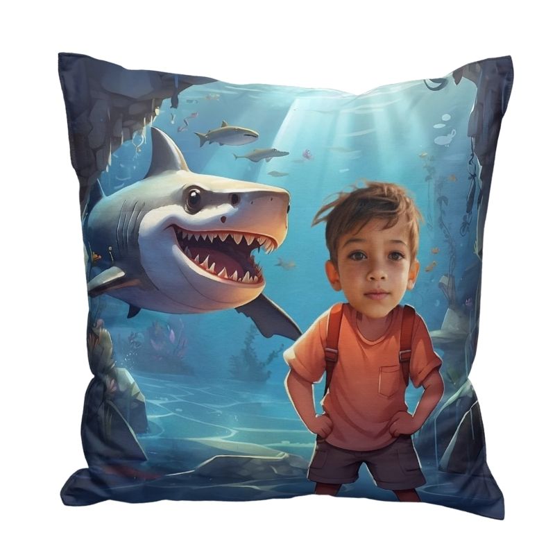 Personalizowana poduszka z rekinem i zdjęciem dziecka w roli głównej, wyjątkowy prezent dla małego miłośnika oceanów. Poduszka rekin ze zdjęciem