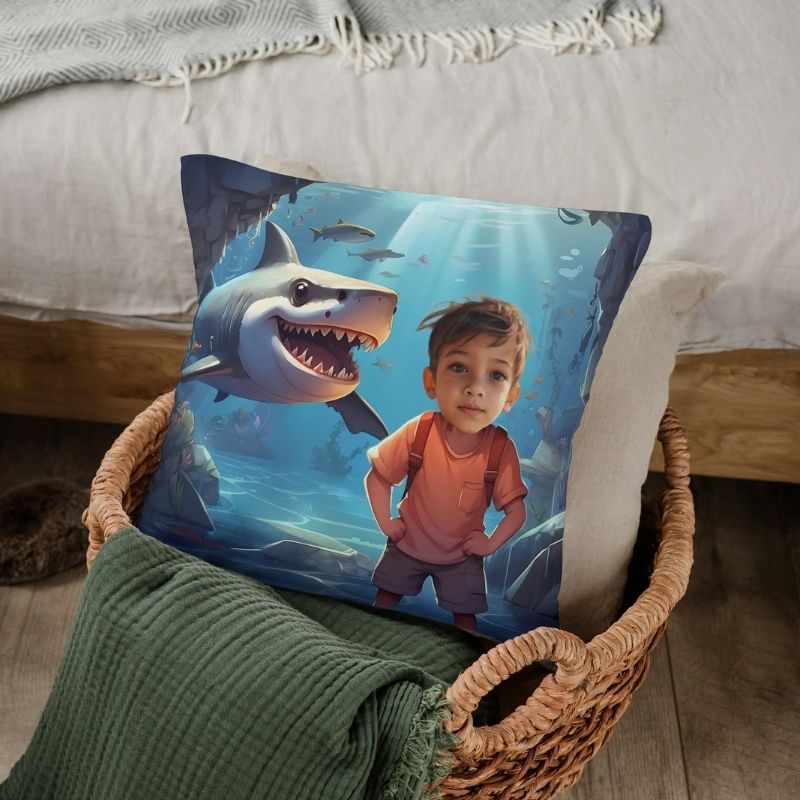 Personalizowana poduszka z rekinem i zdjęciem dziecka w roli głównej, wyjątkowy prezent dla małego miłośnika oceanów. Poduszka rekin ze zdjęciem