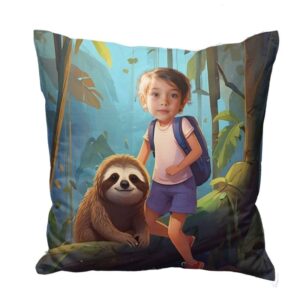 Personalizowana poduszka z leniwcem i zdjęciem dziecka w dżungli. poduszka ze zdjęciem leniwiec