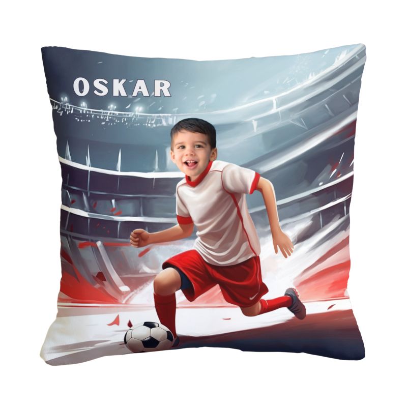 Personalizowana poduszka piłkarz z Twoim zdjęciem – idealny prezent dla małego fana piłki nożnej.