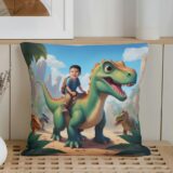 Poduszka ze zdjęciem dinozaury – personalizowana ilustracja, chłopiec na dinozaurze