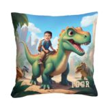 Poduszka ze zdjęciem dinozaury – personalizowana ilustracja, chłopiec na dinozaurze