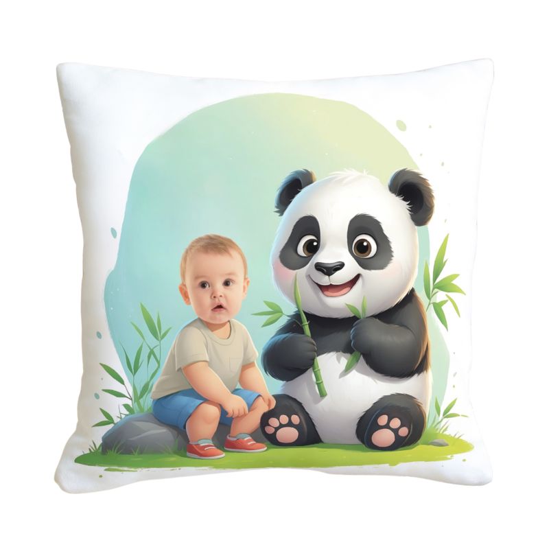 personalizowana poduszka ze zdjęciem panda – dziewczynka obok pandy, kolorowa bajkowa grafika