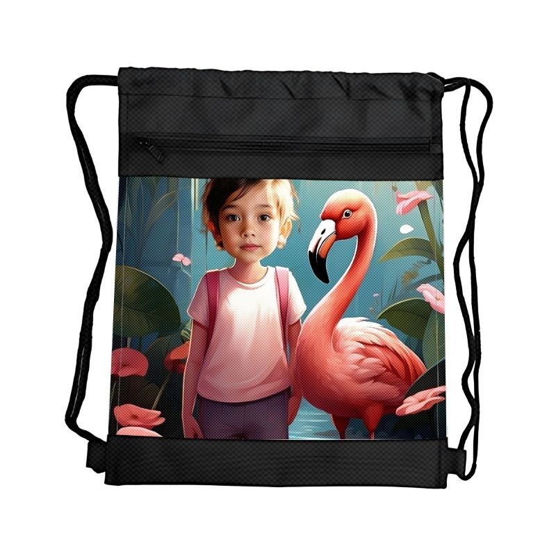 FLAMING DZIEWCZYNKA PERSONALIZOWANY WOREK Z BAJKOWĄ GRAFIKĄ i TWOIM ZDJĘCIEM Z PRZEGRÓDKAMI NA ZAMEK