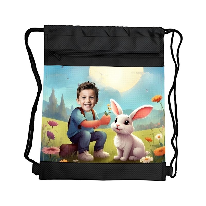 ZAJĄC PERSONALIZOWANY WOREK Z BAJKOWĄ GRAFIKĄ i TWOIM ZDJĘCIEM Z PRZEGRÓDKAMI NA ZAMEK