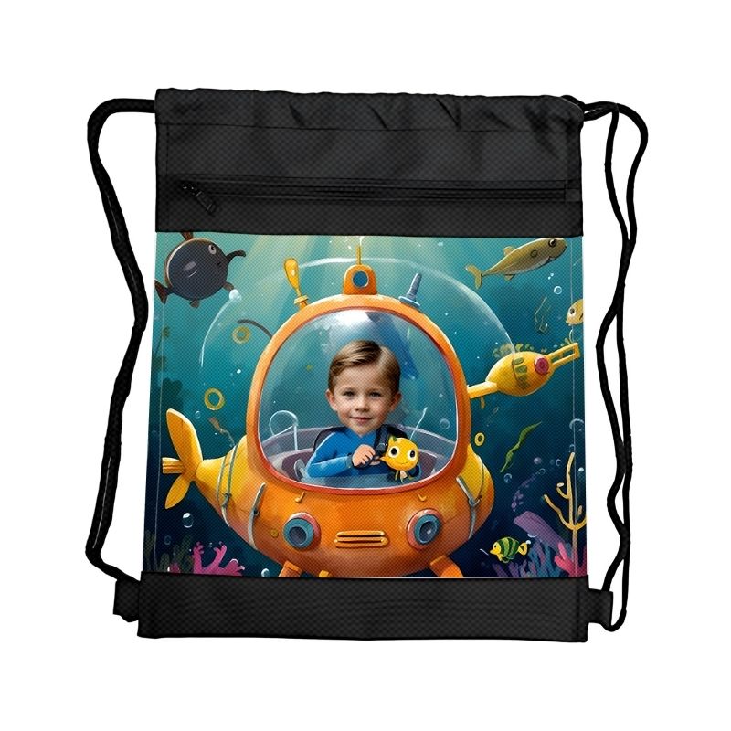 ŁÓDŹ PODWODNA PERSONALIZOWANY WOREK Z BAJKOWĄ GRAFIKĄ i TWOIM ZDJĘCIEM Z PRZEGRÓDKAMI NA ZAMEK POJAZDY