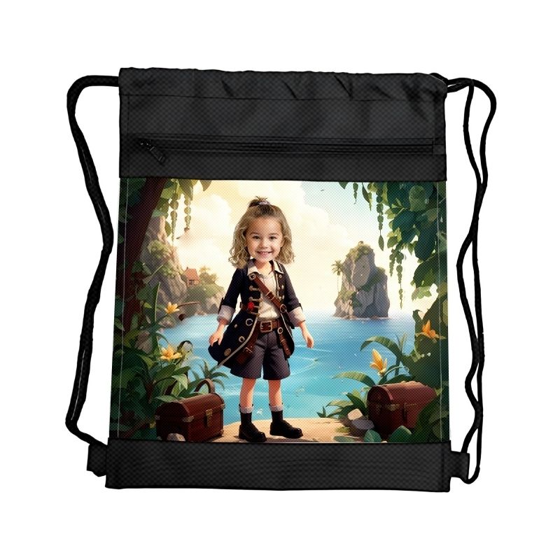 WYSPA SKARBÓW DZIEWCZYNKA PIRAT PERSONALIZOWANY WOREK Z BAJKOWĄ GRAFIKĄ i TWOIM ZDJĘCIEM Z PRZEGRÓDKAMI NA ZAMEK