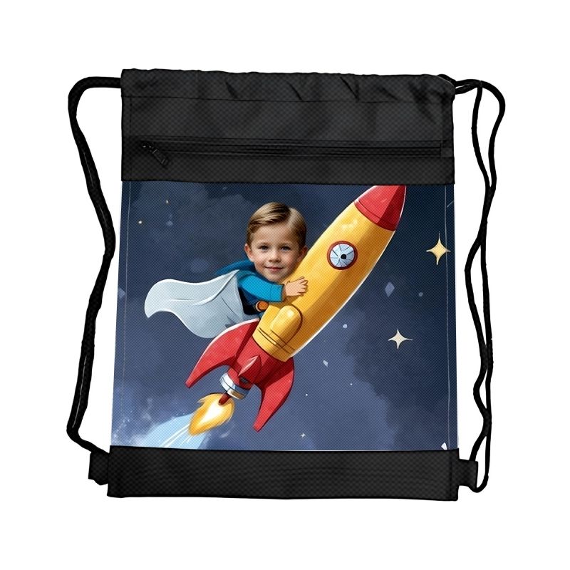 RAKIETA PERSONALIZOWANY WOREK Z BAJKOWĄ GRAFIKĄ i TWOIM ZDJĘCIEM Z PRZEGRÓDKAMI NA ZAMEK POJAZDY