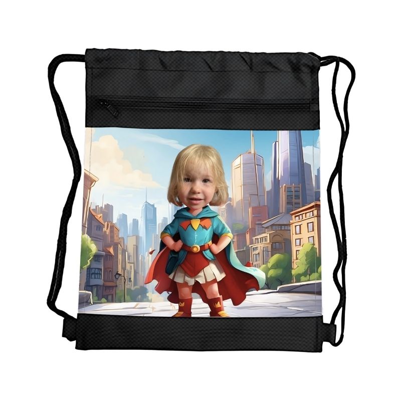 SUBERBOHATERKA PERSONALIZOWANY WOREK Z BAJKOWĄ GRAFIKĄ i TWOIM ZDJĘCIEM Z PRZEGRÓDKAMI NA ZAMEK