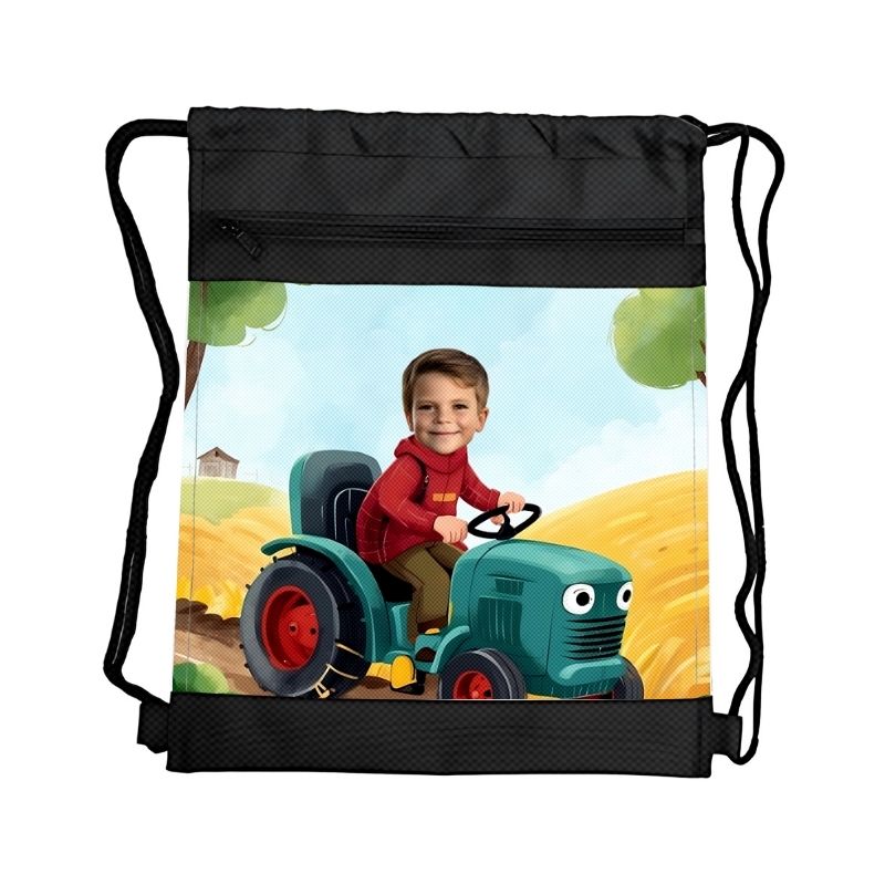 TRAKTOR ZIELONY PERSONALIZOWANY WOREK Z BAJKOWĄ GRAFIKĄ i TWOIM ZDJĘCIEM Z PRZEGRÓDKAMI NA ZAMEK POJAZDY