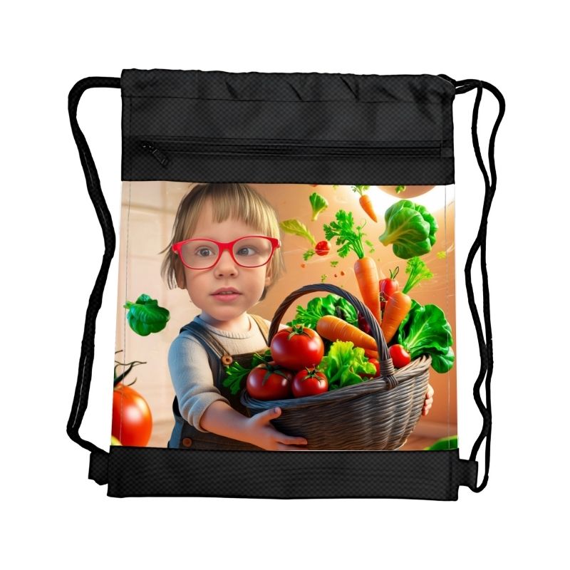 WARZYWA FARMER PERSONALIZOWANY WOREK NA STRÓJ Z BAJKOWĄ GRAFIKĄ i TWOIM ZDJĘCIEM Z PRZEGRÓDKAMI NA ZAMEK