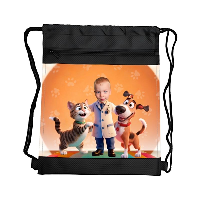 WETERYNARZ PERSONALIZOWANY WOREK NA STRÓJ Z BAJKOWĄ GRAFIKĄ i TWOIM ZDJĘCIEM Z PRZEGRÓDKAMI NA ZAMEK