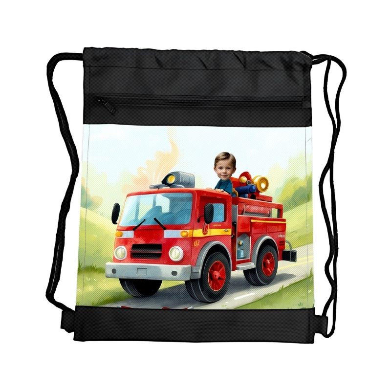 STRAŻAK PERSONALIZOWANY WOREK NA STRÓJ Z BAJKOWĄ GRAFIKĄ i TWOIM ZDJĘCIEM Z PRZEGRÓDKAMI NA ZAMEK POJAZDY