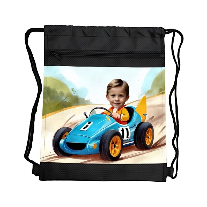 WYŚCIGÓWKA PERSONALIZOWANY WOREK NA STRÓJ Z BAJKOWĄ GRAFIKĄ i TWOIM ZDJĘCIEM Z PRZEGRÓDKAMI NA ZAMEK POJAZDY