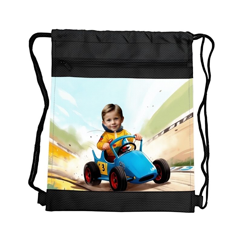 WYŚCIG PERSONALIZOWANY WOREK NA STRÓJ Z BAJKOWĄ GRAFIKĄ i TWOIM ZDJĘCIEM Z PRZEGRÓDKAMI NA ZAMEK POJAZDY