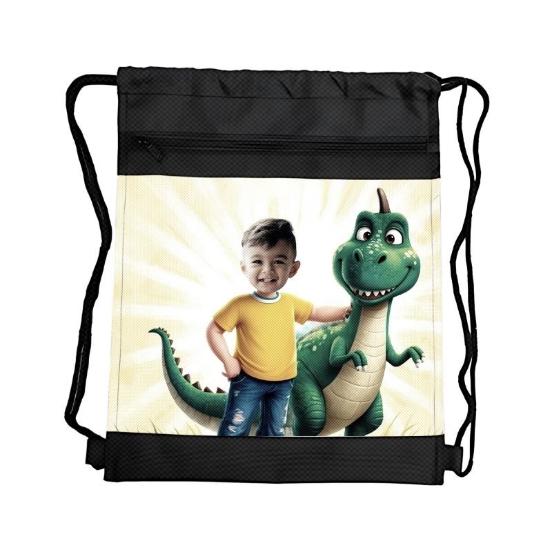 DINUŚ 4 PERSONALIZOWANY WOREK Z BAJKOWĄ GRAFIKĄ I TWOIM ZDJĘCIEM Z PRZEGRÓDKAMI NA ZAMEK DINOZAURY