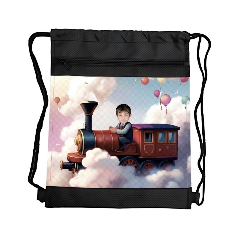 POCIĄG PERSONALIZOWANY WOREK Z BAJKOWĄ GRAFIKĄ i TWOIM ZDJĘCIEM Z PRZEGRÓDKAMI NA ZAMEK POJAZDY