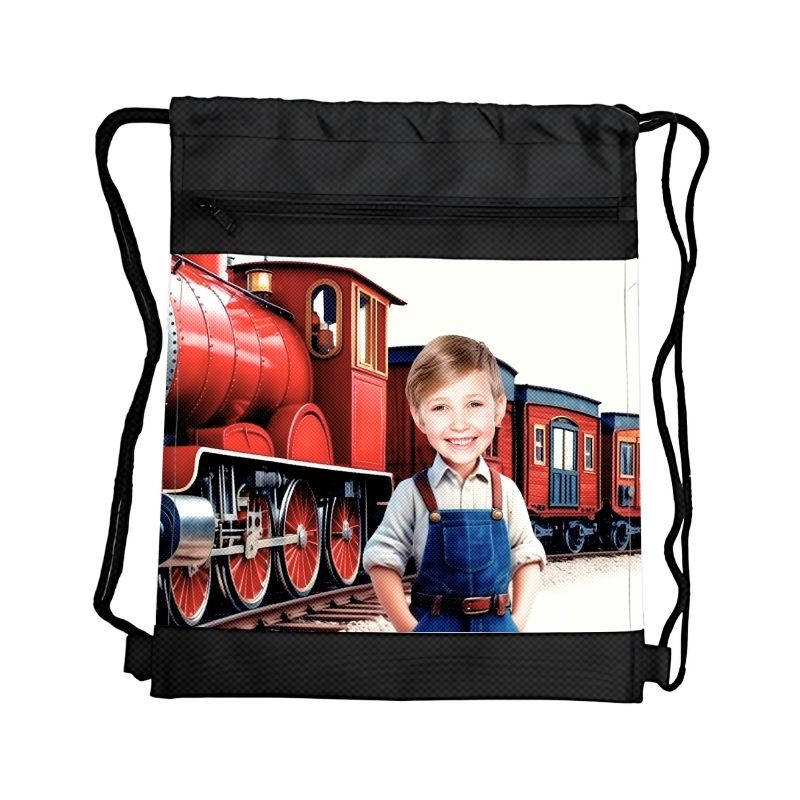 POCIĄG 10 PERSONALIZOWANY WOREK Z BAJKOWĄ GRAFIKĄ i TWOIM ZDJĘCIEM Z PRZEGRÓDKAMI NA ZAMEK POJAZDY