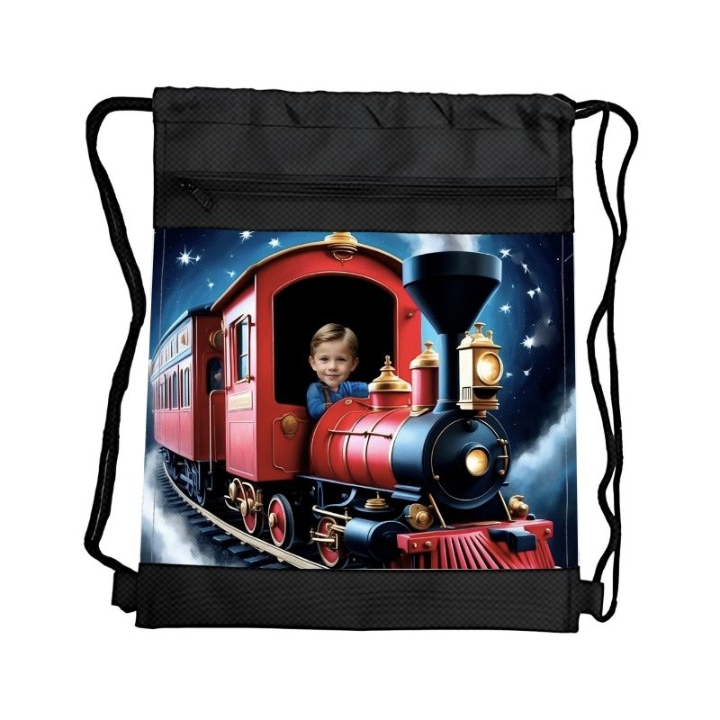 POCIĄG 2 PERSONALIZOWANY WOREK Z BAJKOWĄ GRAFIKĄ i TWOIM ZDJĘCIEM Z PRZEGRÓDKAMI NA ZAMEK POJAZDY