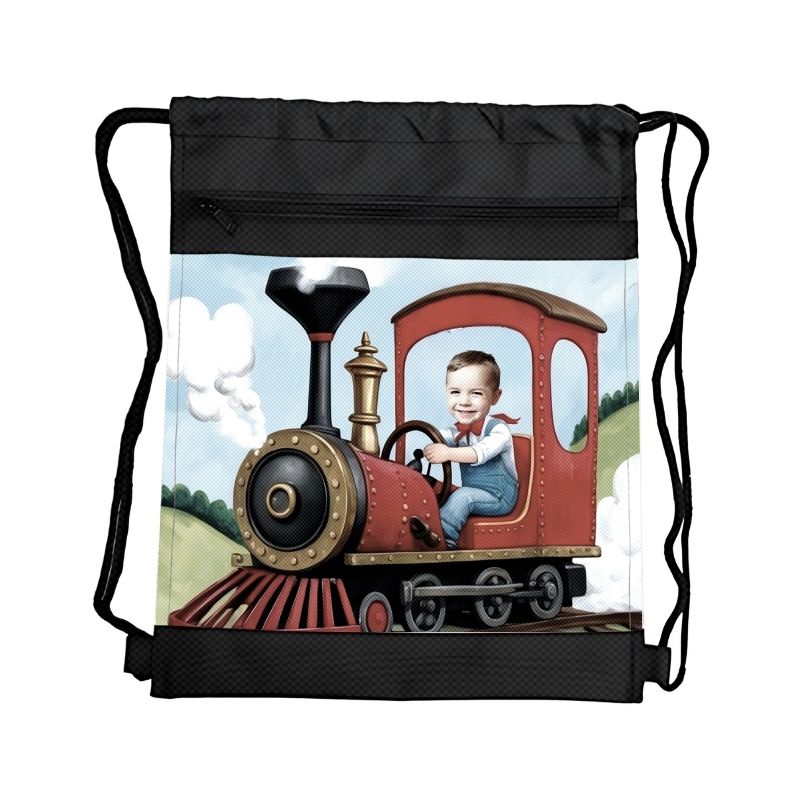 POCIĄG 6 PERSONALIZOWANY WOREK Z BAJKOWĄ GRAFIKĄ i TWOIM ZDJĘCIEM Z PRZEGRÓDKAMI NA ZAMEK POJAZDY