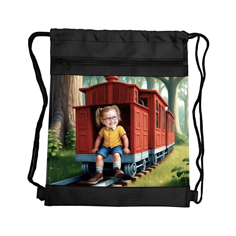 POCIĄG 8 PERSONALIZOWANY WOREK Z BAJKOWĄ GRAFIKĄ i TWOIM ZDJĘCIEM Z PRZEGRÓDKAMI NA ZAMEK POJAZDY