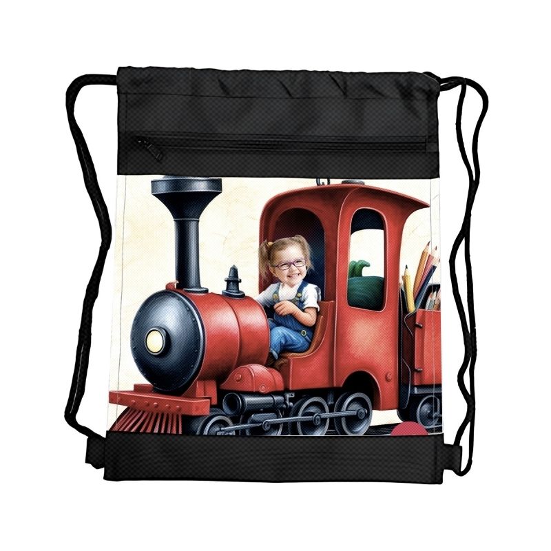 POCIĄG 9 PERSONALIZOWANY WOREK Z BAJKOWĄ GRAFIKĄ i TWOIM ZDJĘCIEM Z PRZEGRÓDKAMI NA ZAMEK POJAZDY