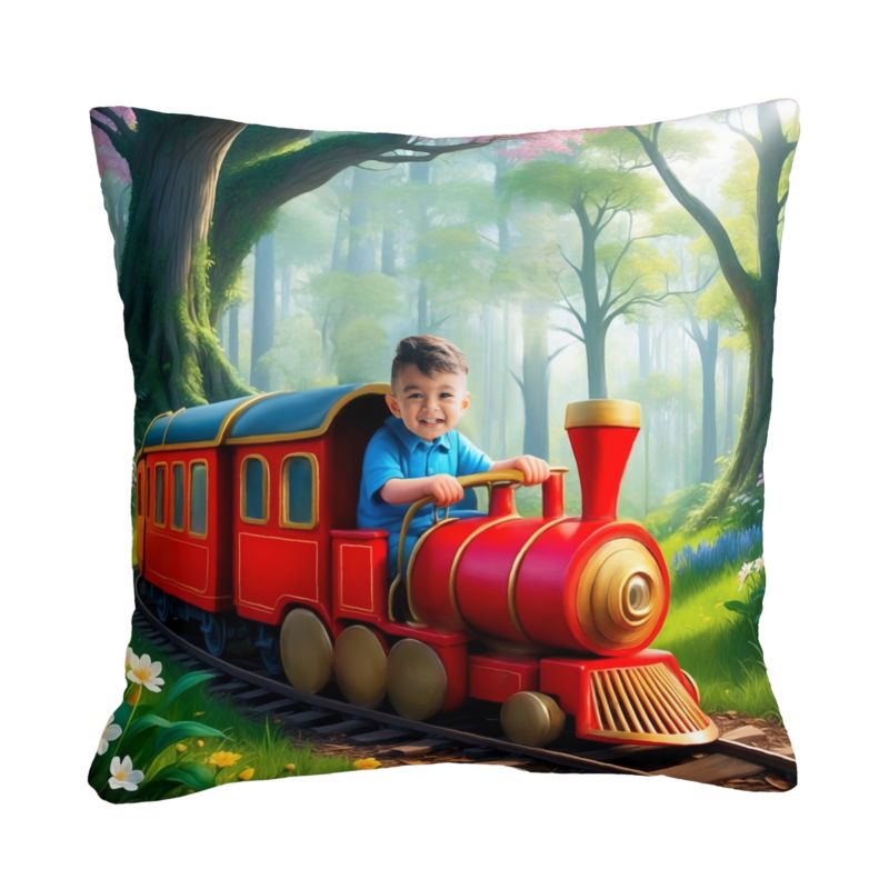 personalizowana poduszka pociąg w lesie z imieniem dziecka