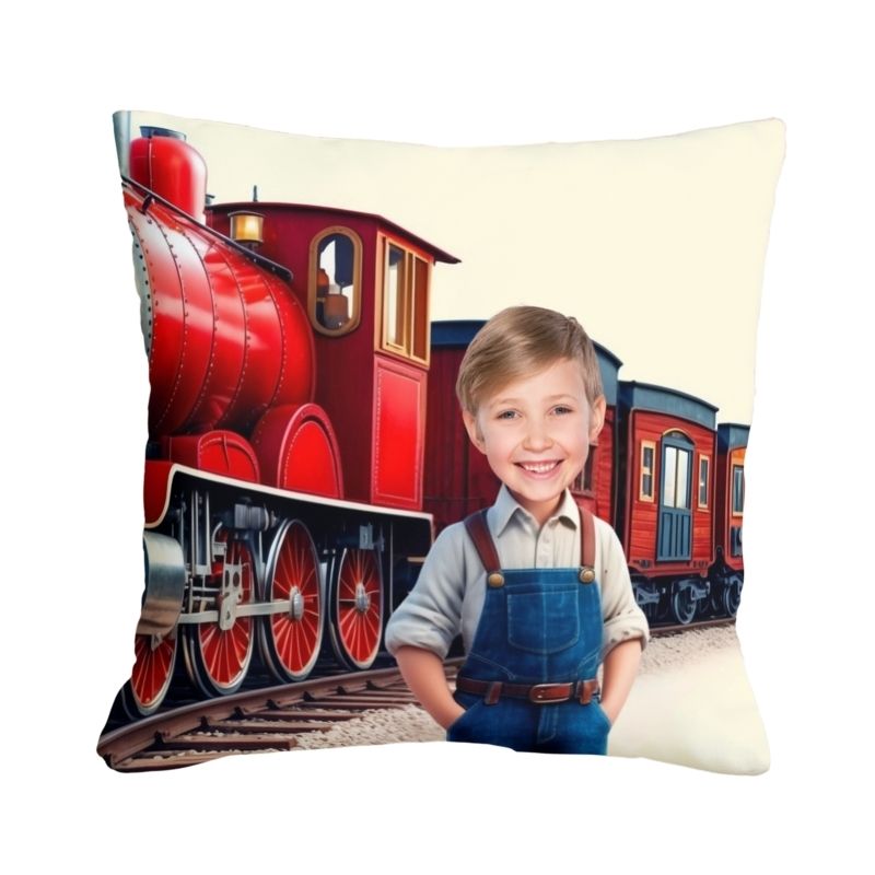 Poduszka ze zdjęciem personalizowana Lokomotywa. Personalizowana poduszka z lokomotywą i zdjęciem dziecka, bajkowa sceneria z pociągiem, miękka mikrofibra, prezent dla małego miłośnika kolei