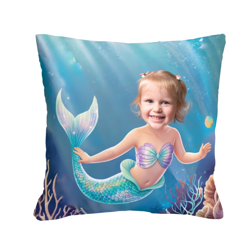 Poduszka ze zdjęciem syrenka – personalizowana poduszka z twarzą dziecka jako syrenki Idealna na prezent!